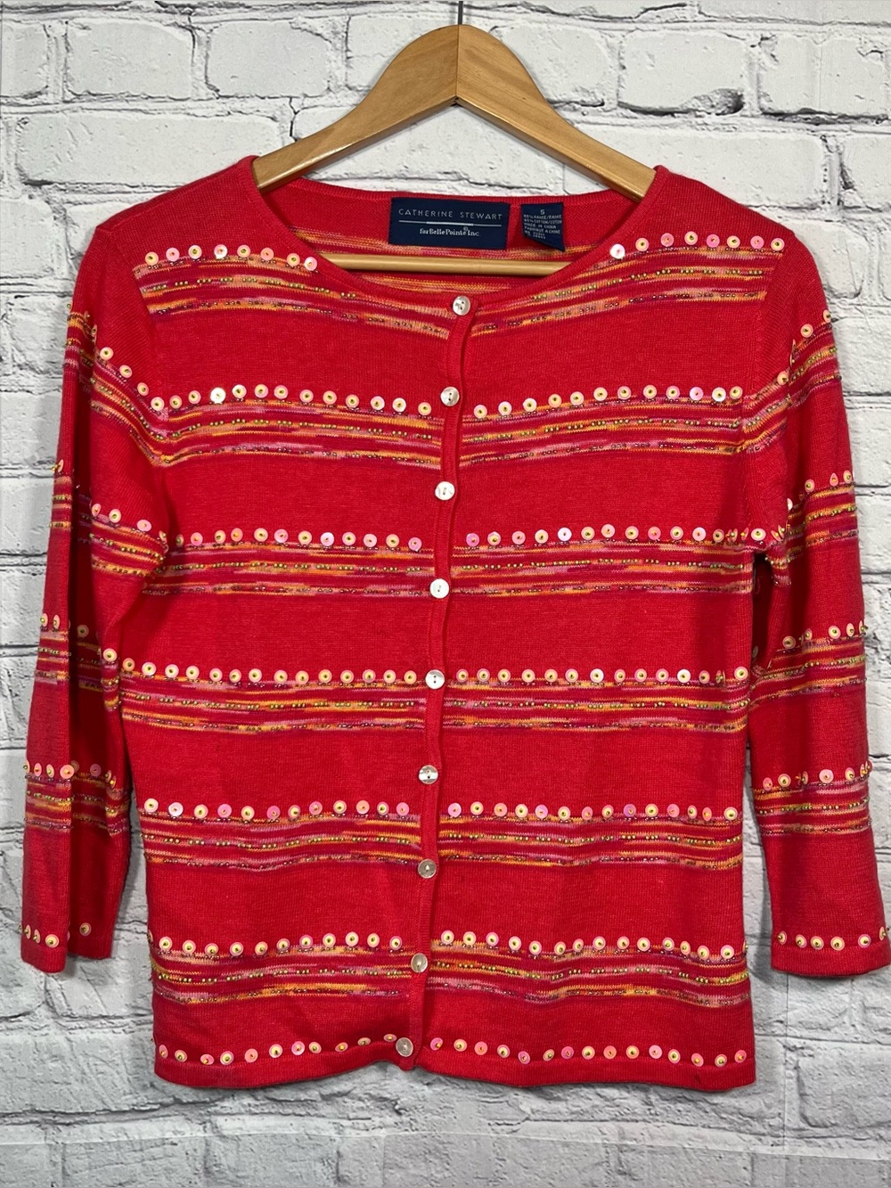 Catherine Stewart For Belle Pointe Sequin Beaded Cardigan Womens Size Small Red